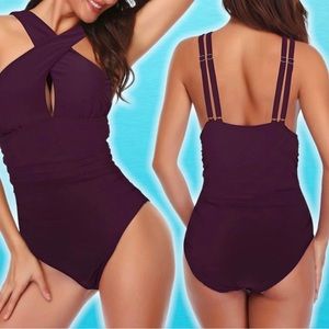 Wine Red Purple One Piece Swimsuit Ruched Criss Cross Front or Back SIZE L